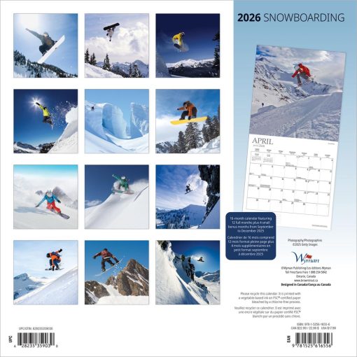 Snowboarding | 2026 12 x 24 Inch (Hanging) Monthly Square Wall Calendar | Wyman Publishing | Winter Snow Sport Vacation