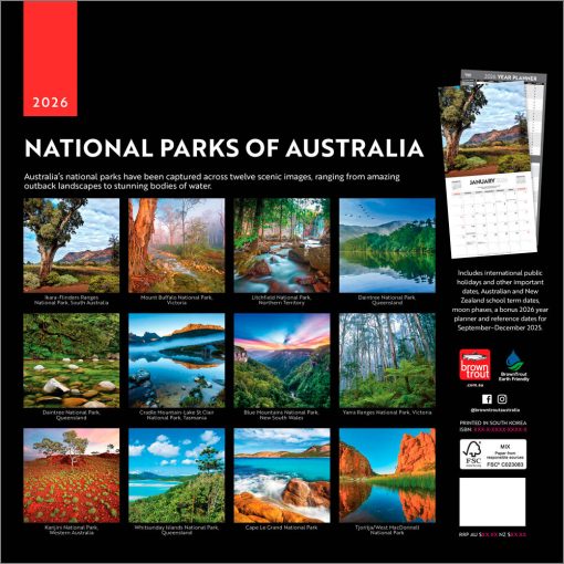 National Parks of Australia | 2026 12 x 24 Inch (Hanging) Monthly Square Wall Calendar | Plastic-Free | BrownTrout | Travel Scenic Oceania Photography