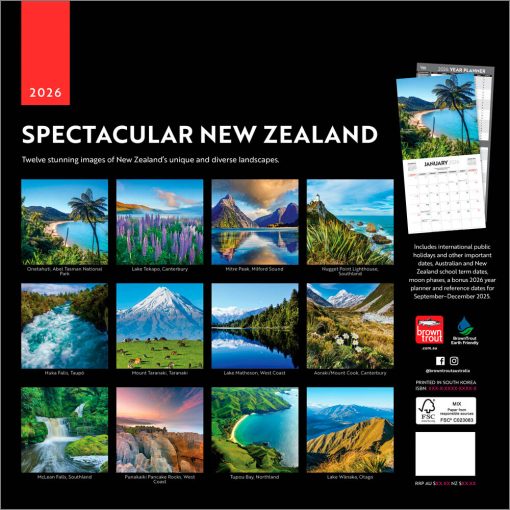 Spectacular New Zealand | 2026 12 x 24 Inch (Hanging) Monthly Square Wall Calendar | Plastic-Free | BrownTrout | Travel Scenic Oceania Photography