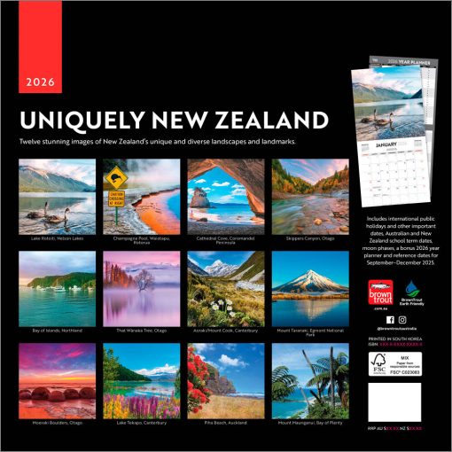 Uniquely New Zealand | 2026 12 x 24 Inch (Hanging) Monthly Square Wall Calendar | Plastic-Free | BrownTrout | Travel Scenic Oceania Photography