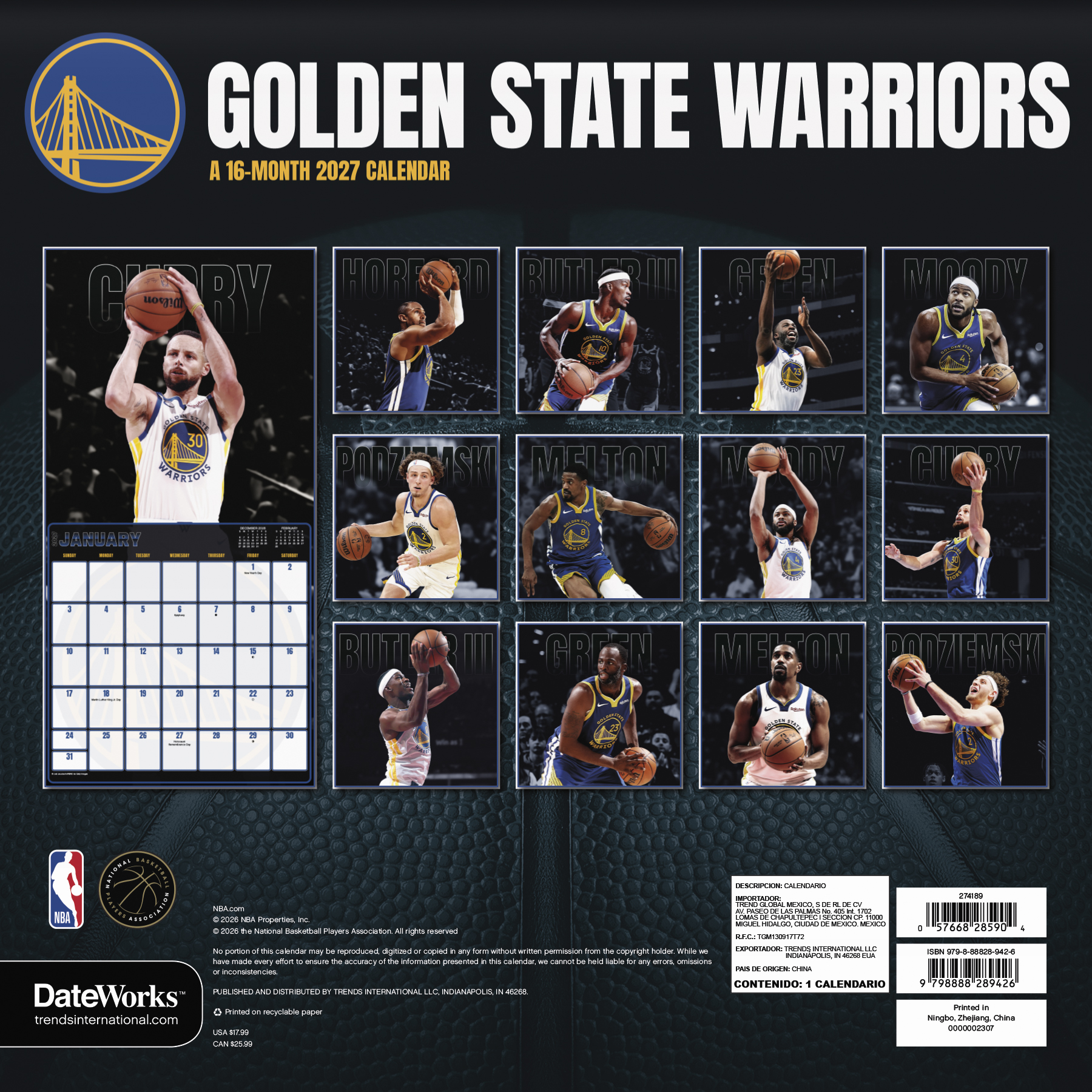 Alternative view of Golden State Warriors NBA 2027 Square Wall Calendar