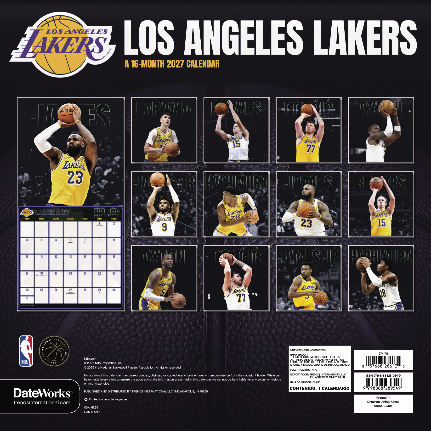 Alternative view of Los Angeles Lakers NBA 2027 Square Wall Calendar