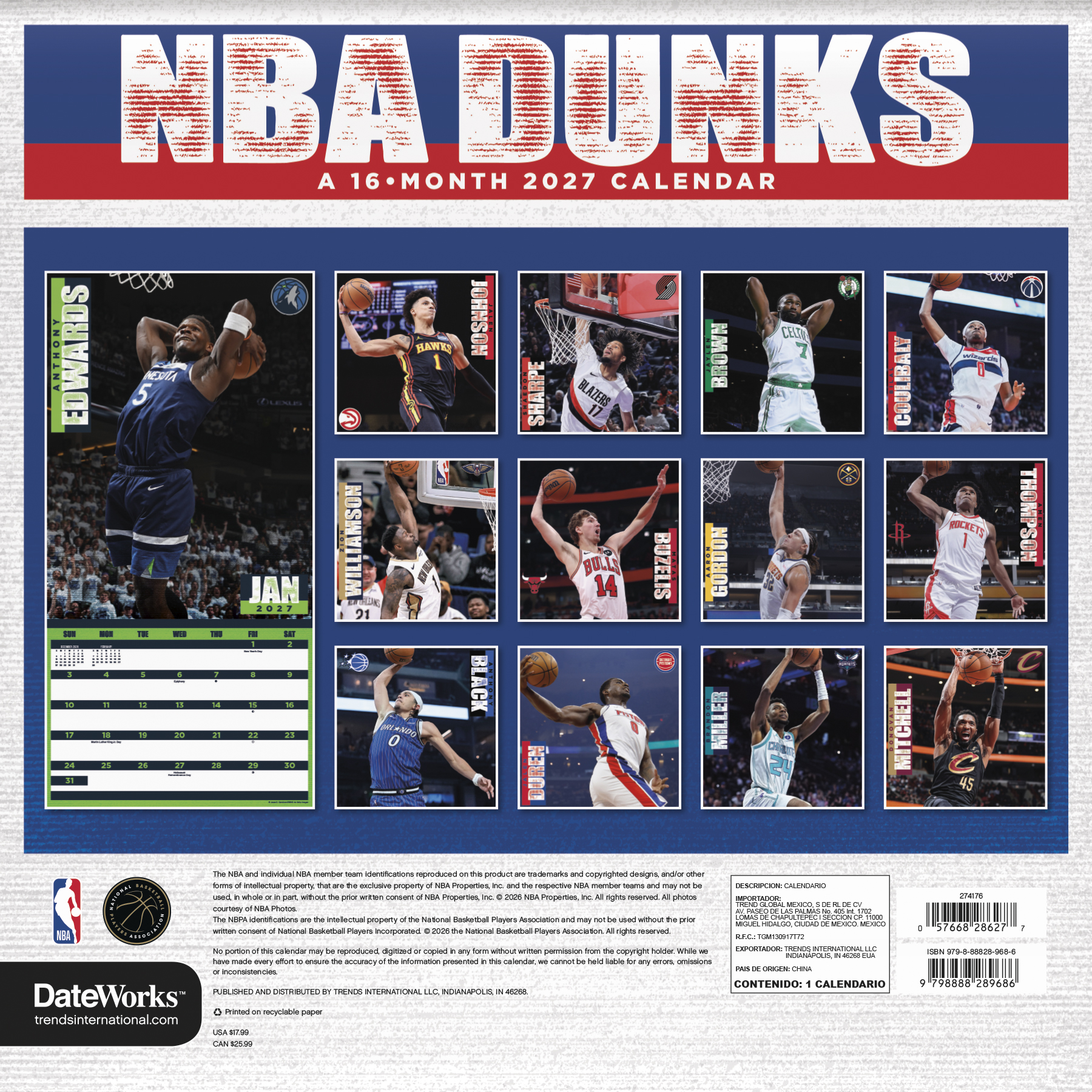 Alternative view of NBA Dunks 2027 Square Wall Calendar